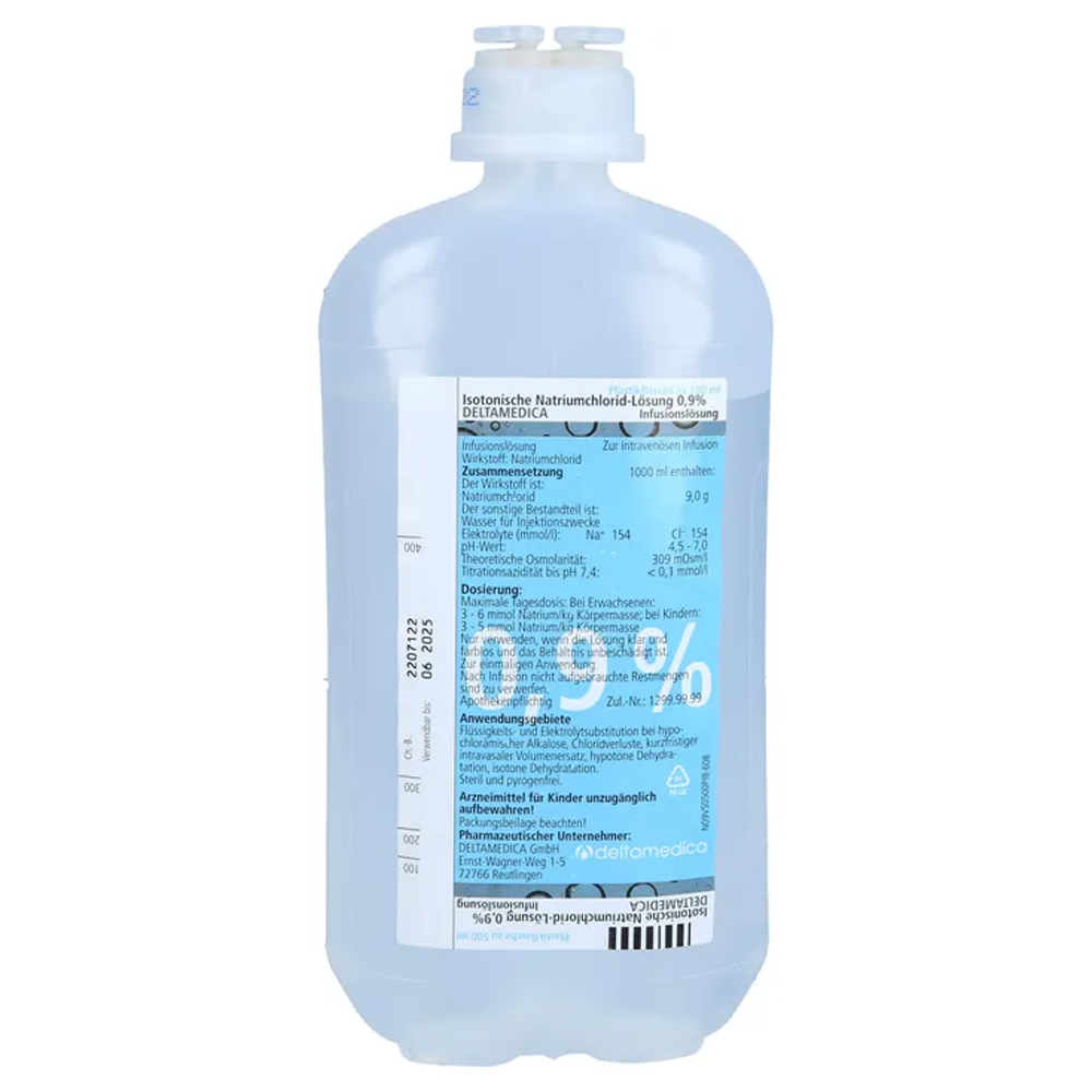 Deltamedica Isotonische Kochsalzlösung NaCl 0,9% 500 ml, Karton à 10 Flaschen