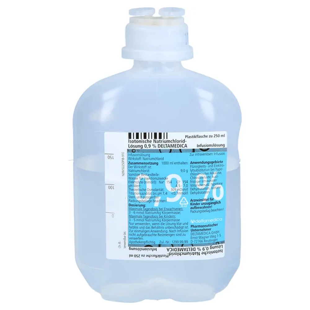 Deltamedica Isotonische Kochsalzlösung NaCl 0,9% 250 ml, Karton à 10 Flaschen